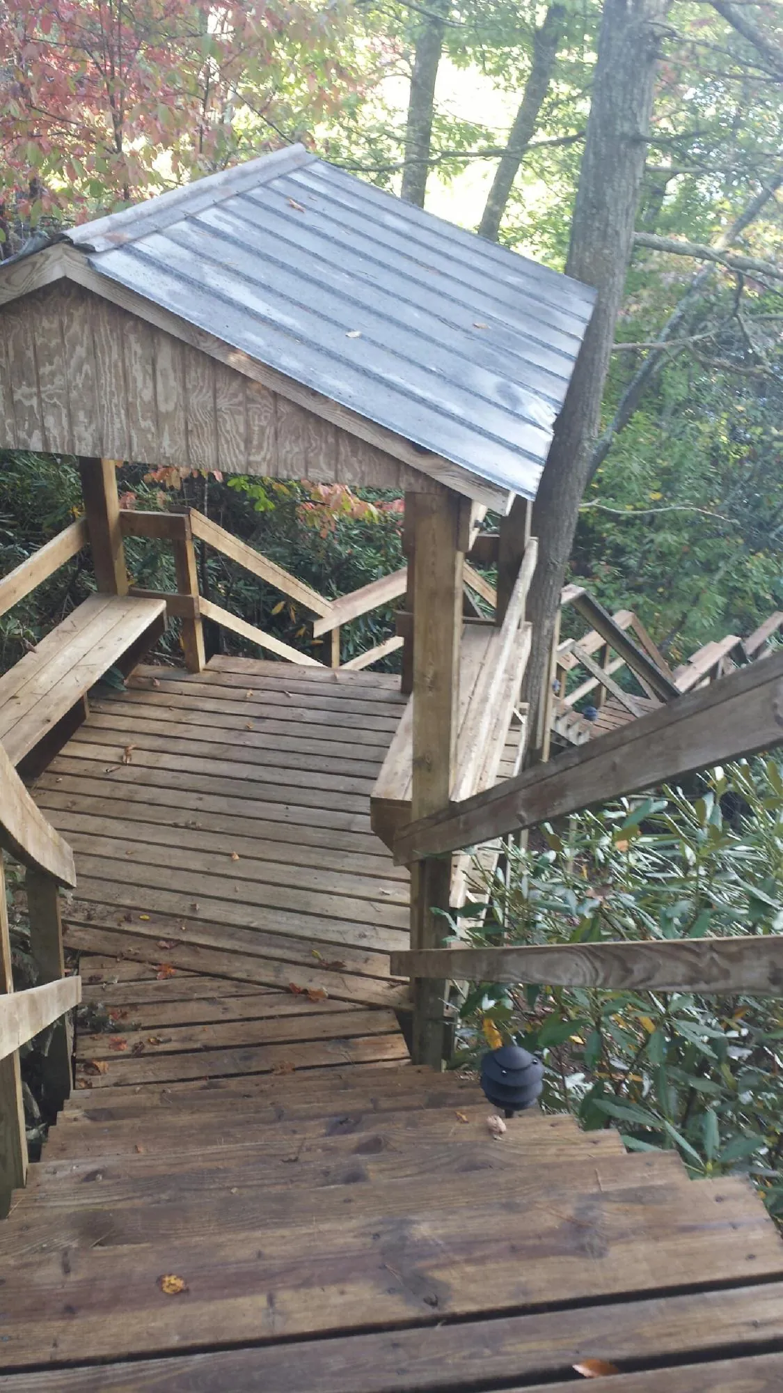 Metal roofed shelter over wooden steps on a wooded walkway — Skylight Repair & Installation work by our crew in Granger